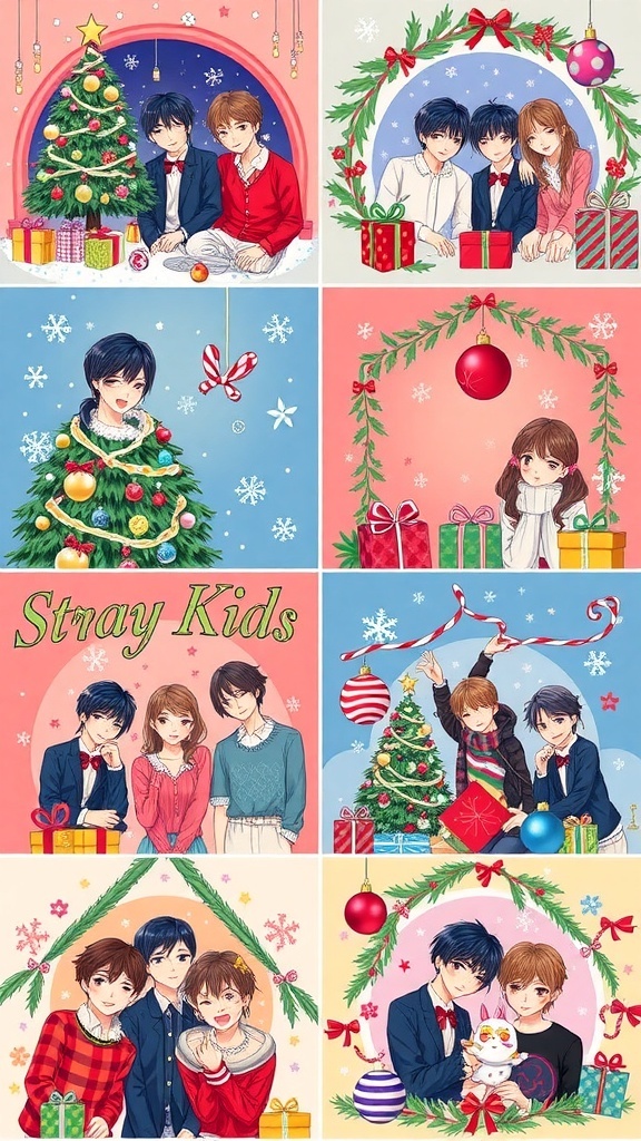 Aesthetic Christmas wallpapers featuring Stray Kids with festive decorations.
